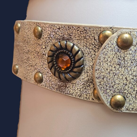 Vintage Boho Studded Hip Belt Round Disc Buckle Size XXL Beige Bronze Rhinestone - Picture 4 of 9